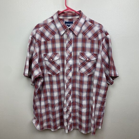 Wrangler Pearl Snap Short Sleeve Shirt Mens 2XL Blue Red Check Country Western - Picture 1 of 7